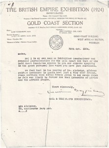 Lady Guggisberg, chair of the Gold Coast section of the British Empire Exhibition, Wembley, letter to Dr Alcindor's widow.